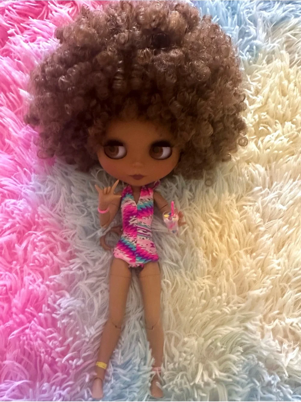 TBL Articulated Blythe Doll with Brown Curly Hair.